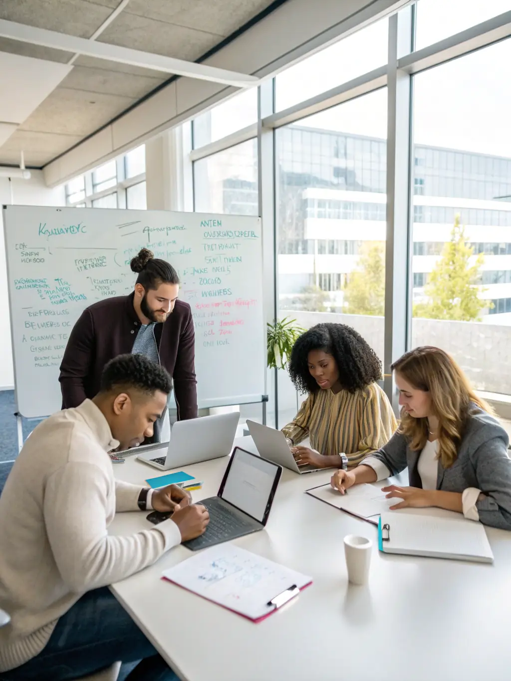 A diverse team brainstorming innovative solutions, reflecting OrgXllence's commitment to collaboration and innovative thinking.