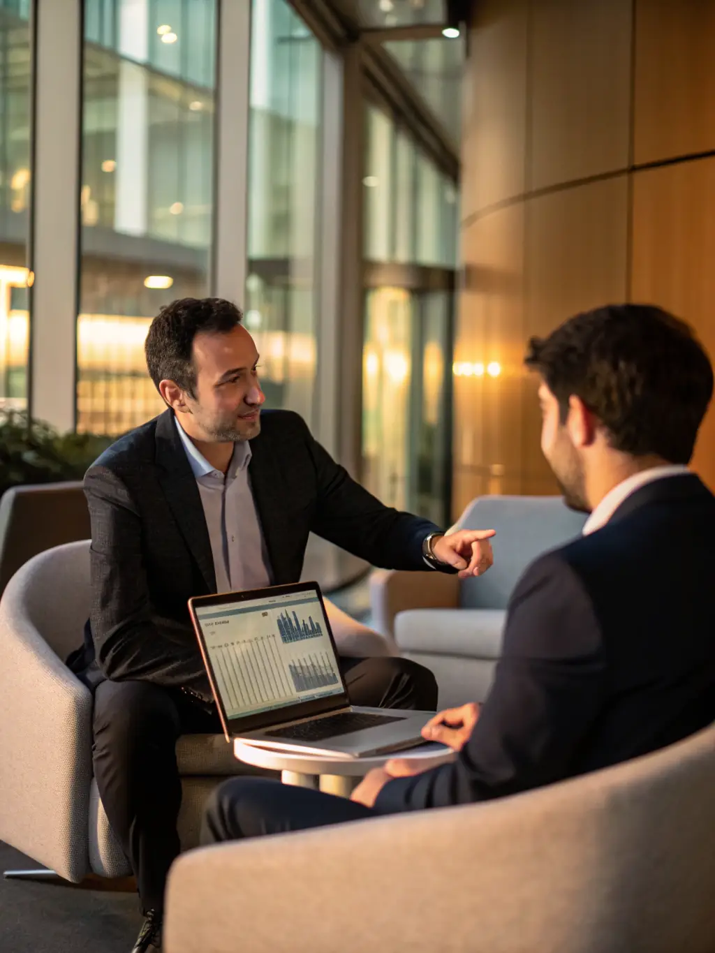 A consultant presenting strategic insights to a client, emphasizing OrgXllence's role in guiding businesses towards effective strategies.